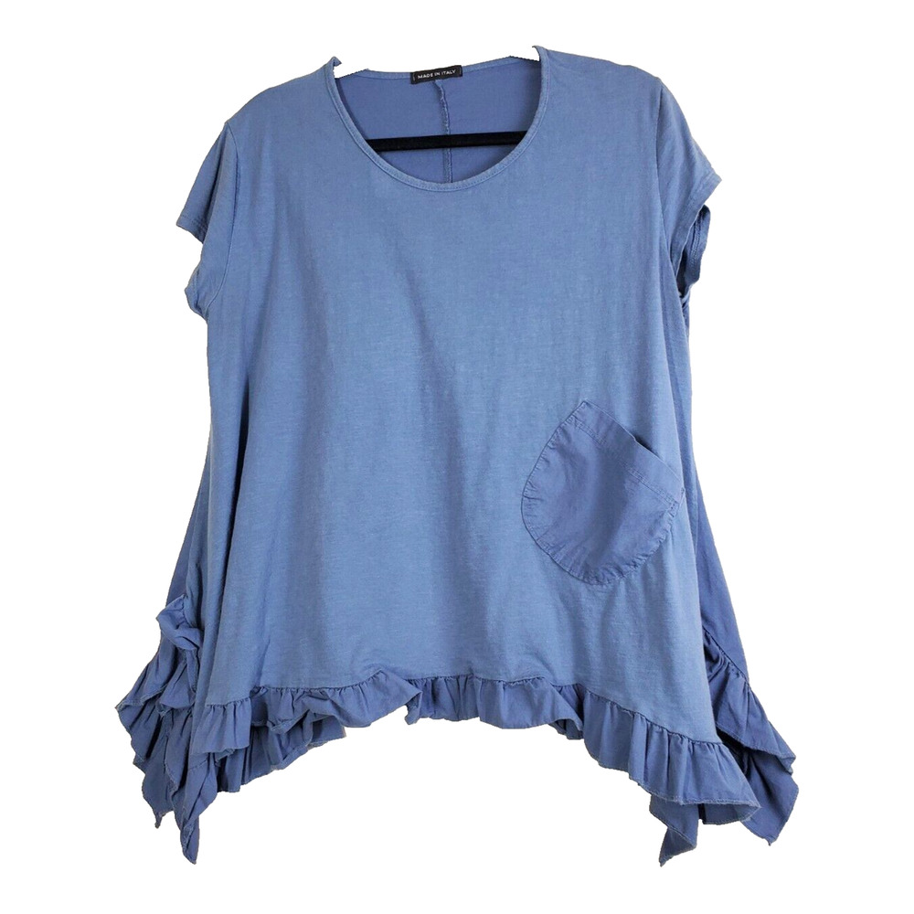 Made In‎ Italy Womens Medium Top TUNIC Blue Short Sleeve Round Neck Ruffle Hem